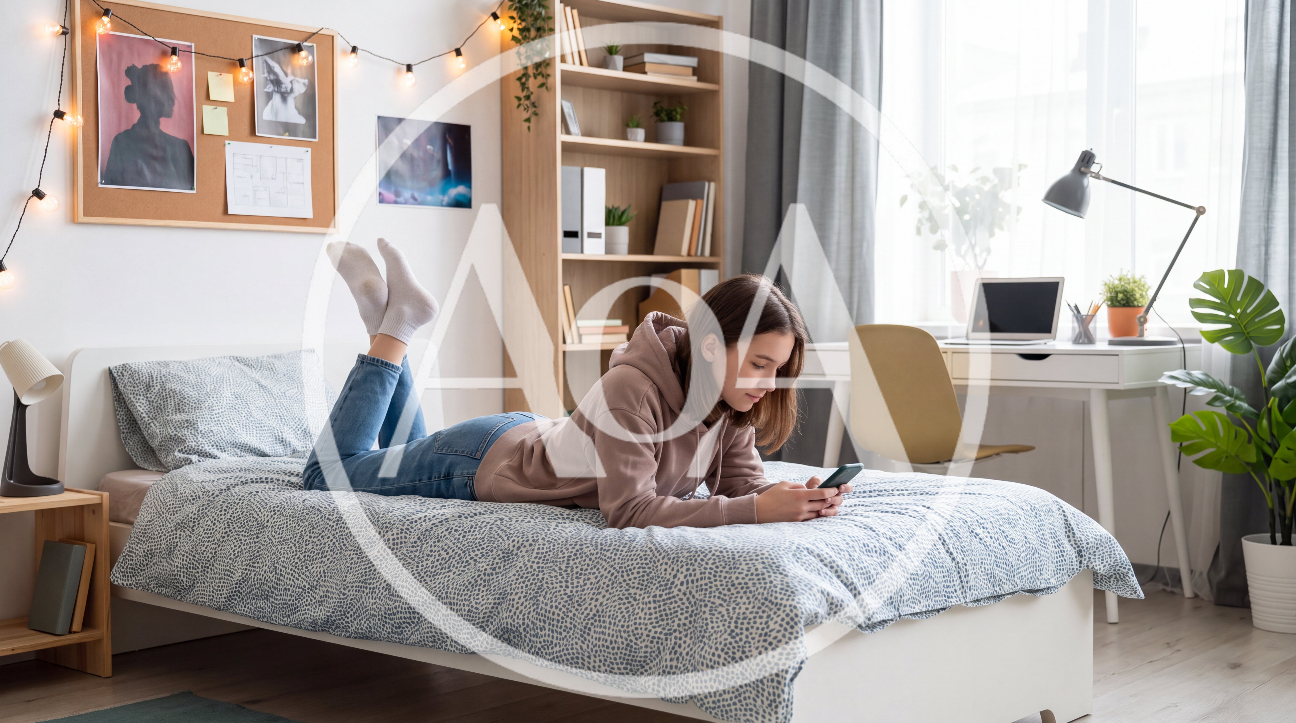 Teenager using a mobile phone while lying on a bed at home