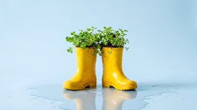 Yellow Rain Boots Used As Planters With Green Sprouts