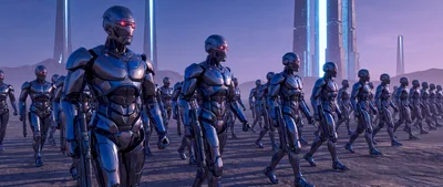 Army Of Futuristic Metallic Robots Marching Across Alien Landscape