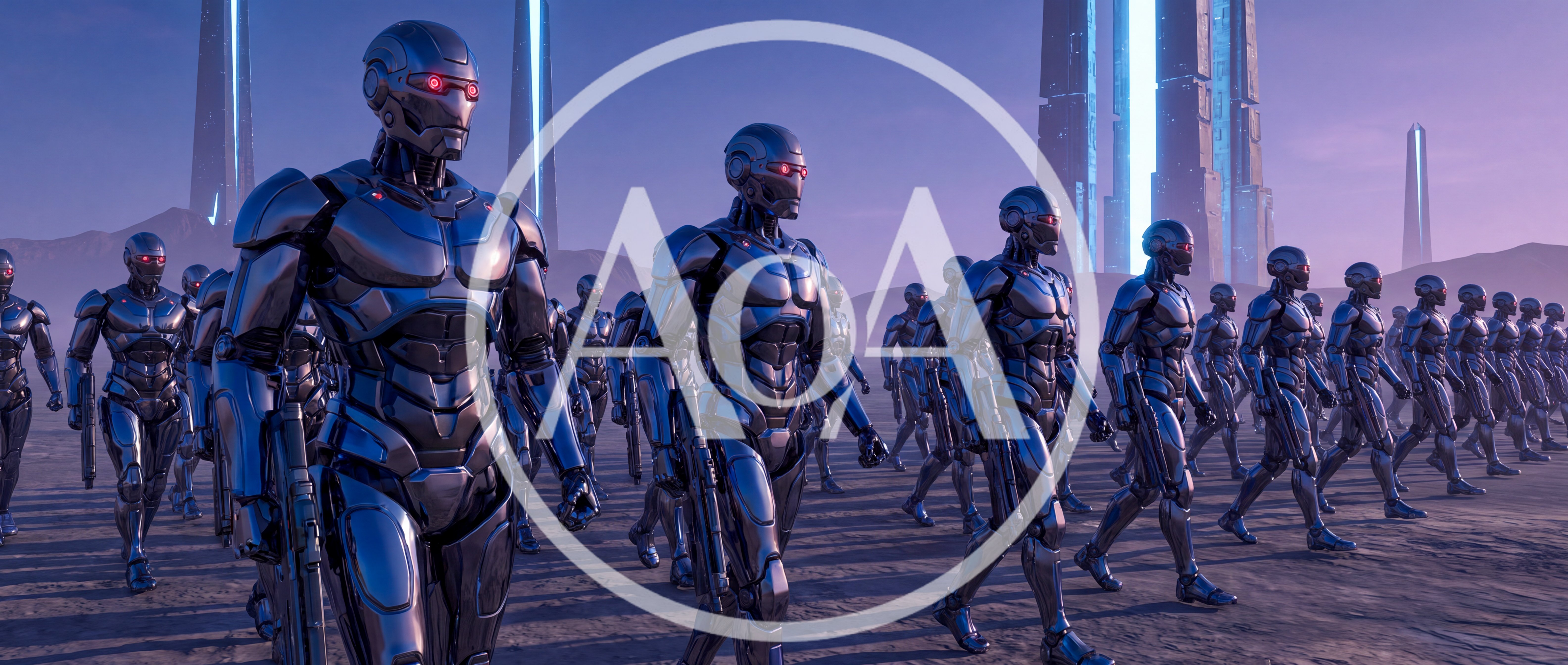 Army Of Futuristic Metallic Robots Marching Across Alien Landscape