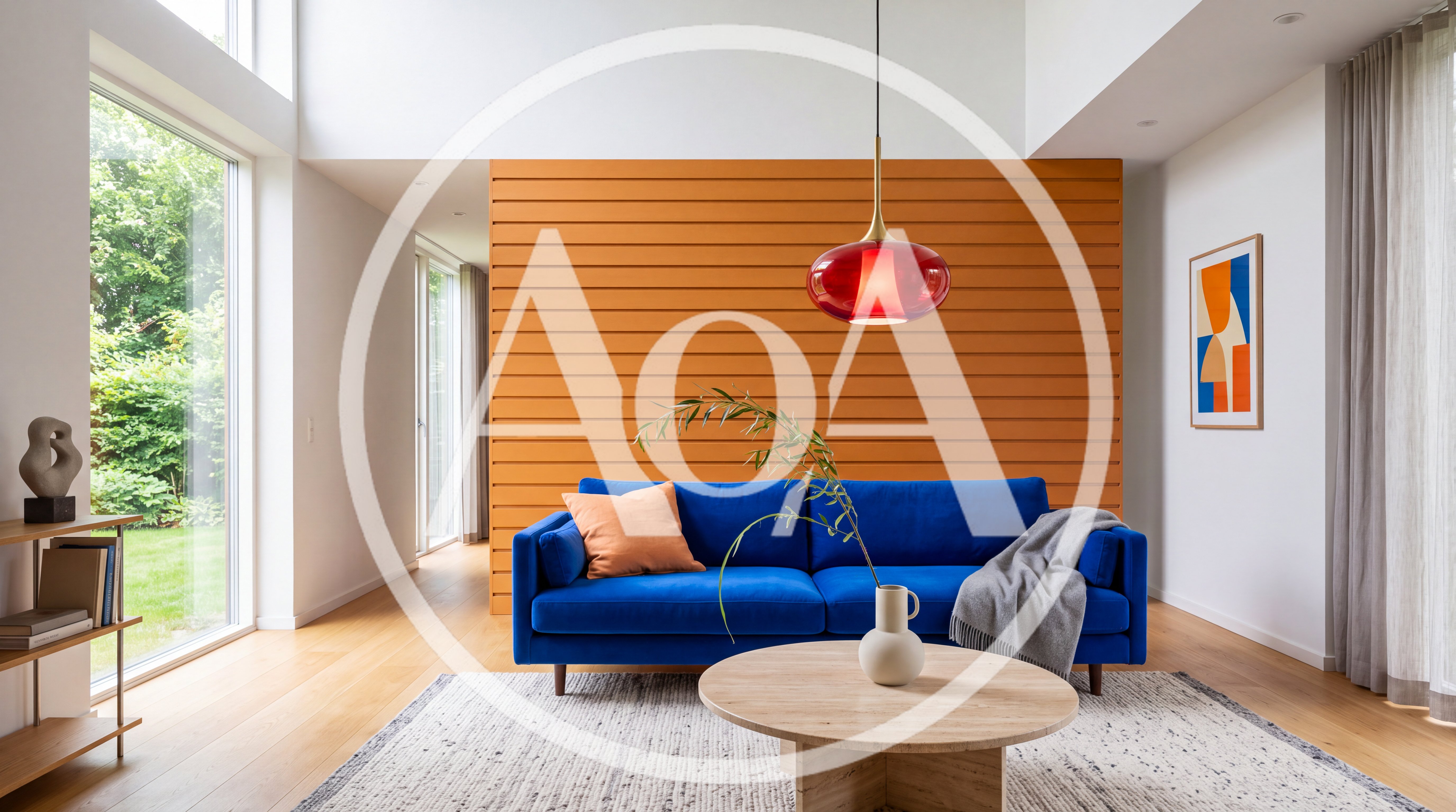 Modern Living Room With Blue Sofa And Orange Wall