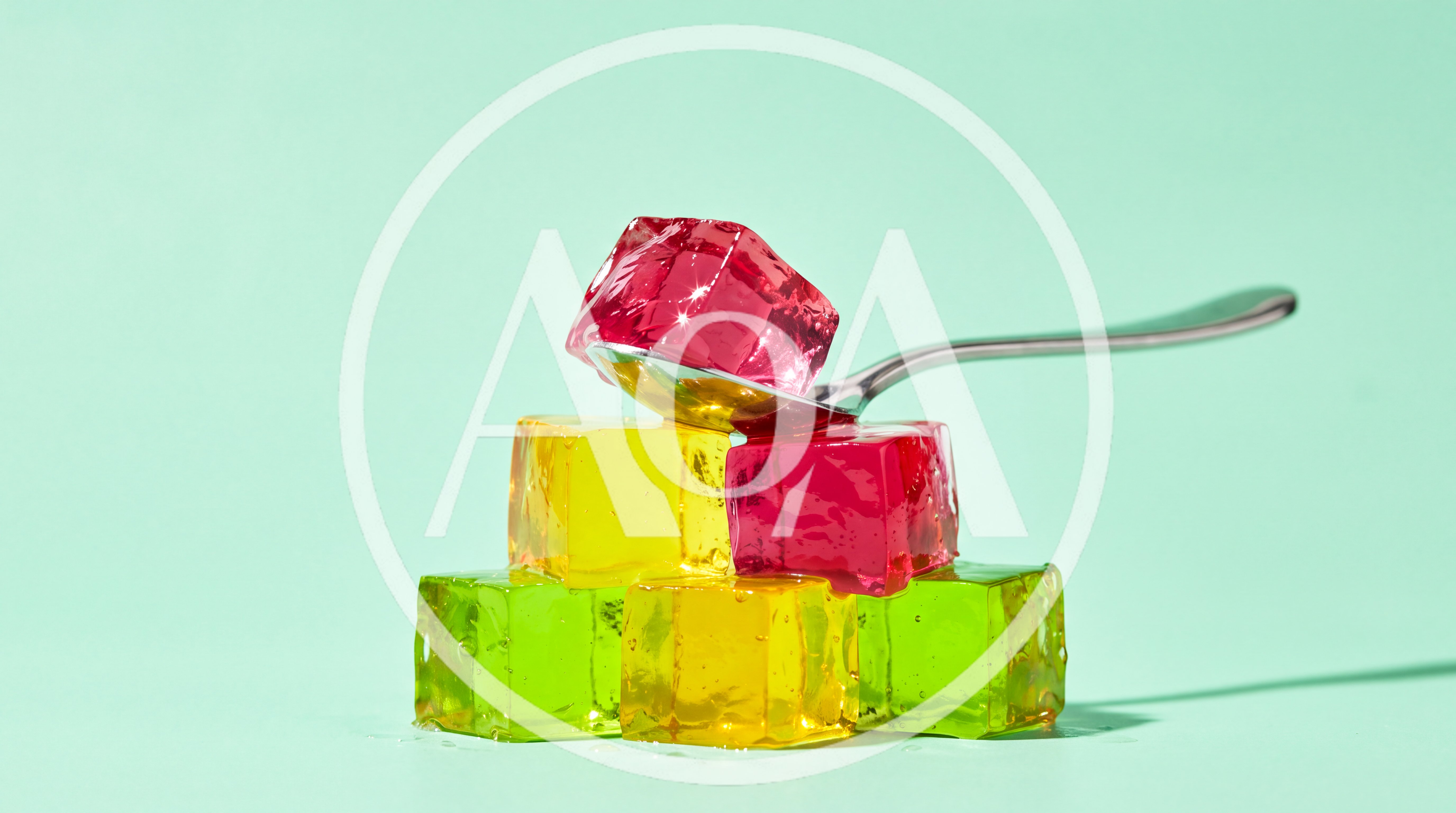 Colorful Gelatin Cubes Stacked on a Spoon