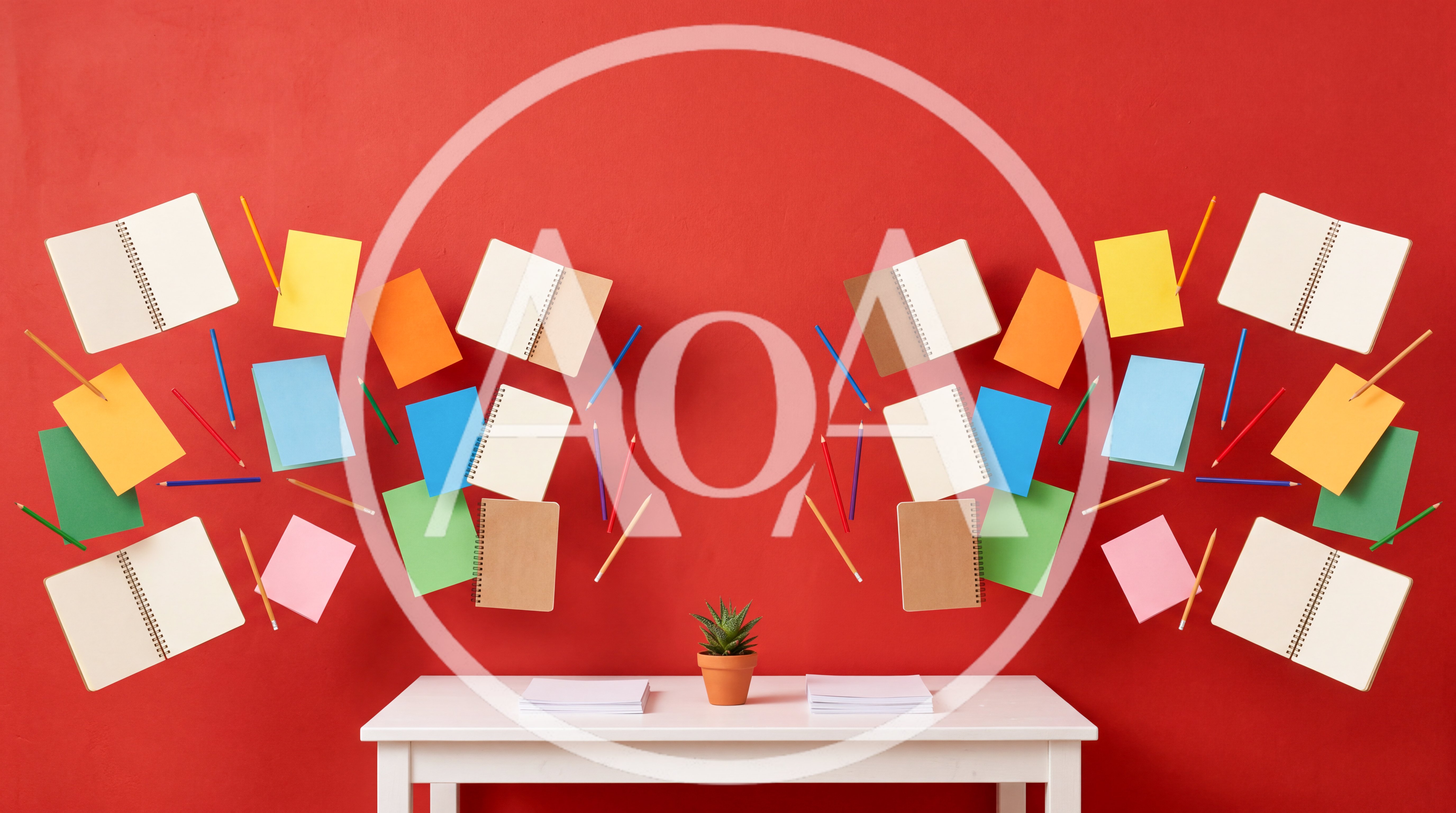 Floating Stationery and Notebooks Above White Desk