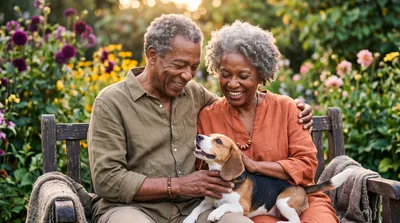 Senior Couple Sitting On Garden Bench With Beagle Dog