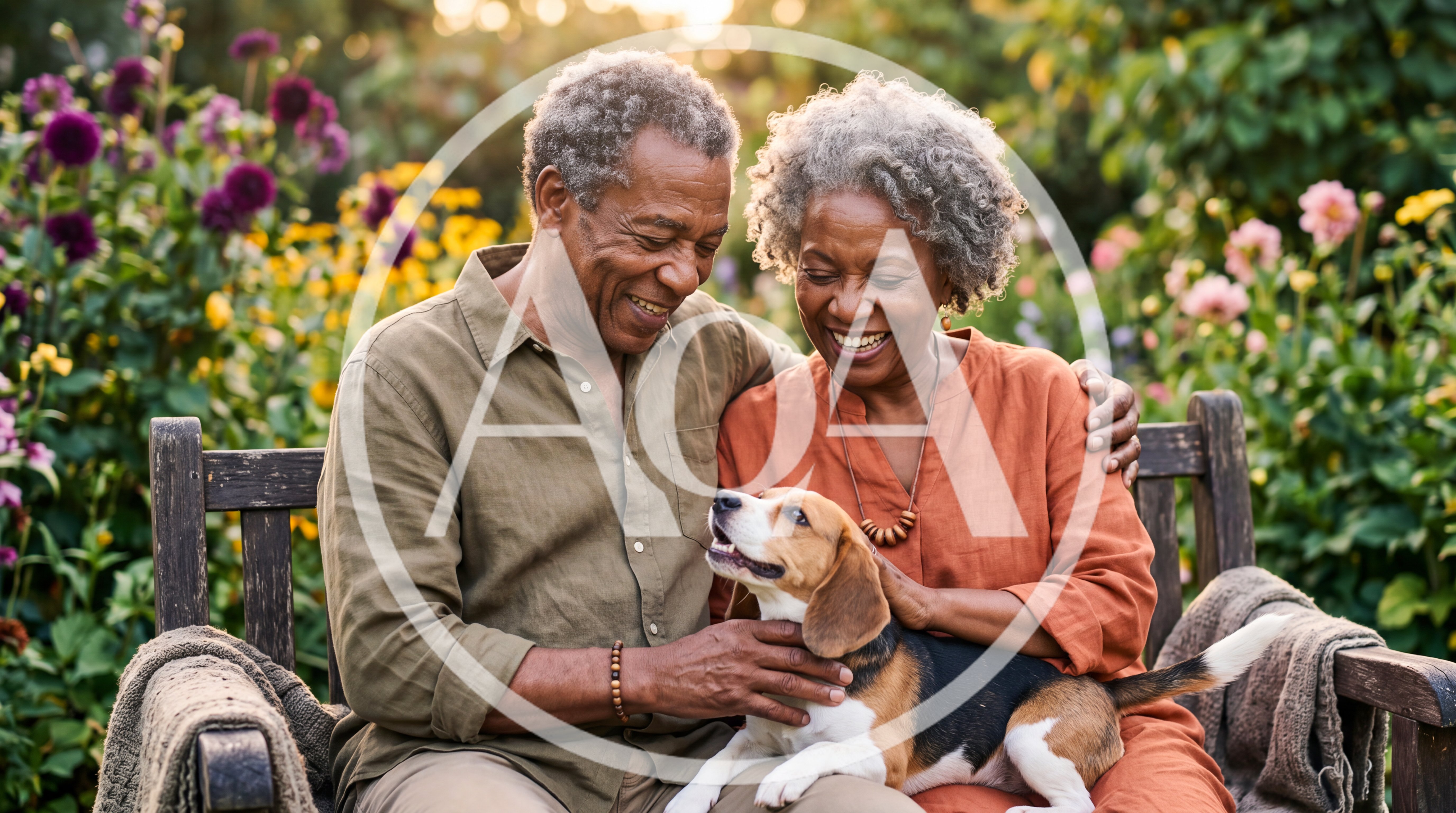 Senior Couple Sitting On Garden Bench With Beagle Dog
