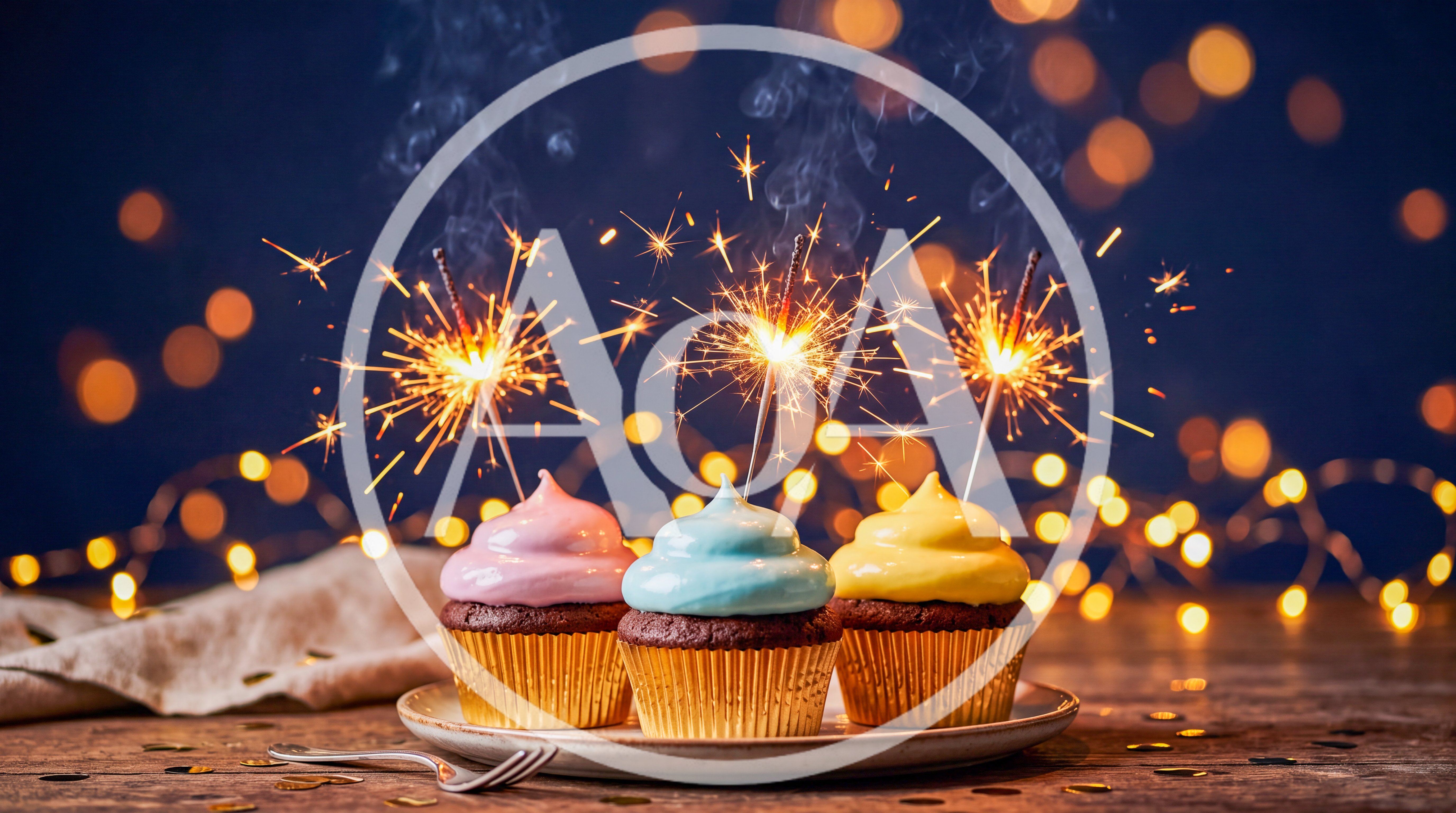Three Cupcakes With Lit Sparklers On A Plate