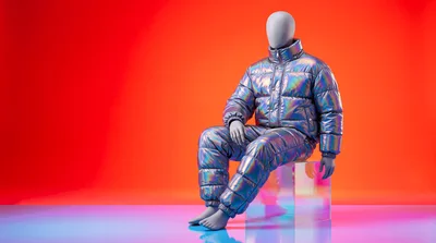 Mannequin Wearing Iridescent Puffer Suit On Acrylic Cube