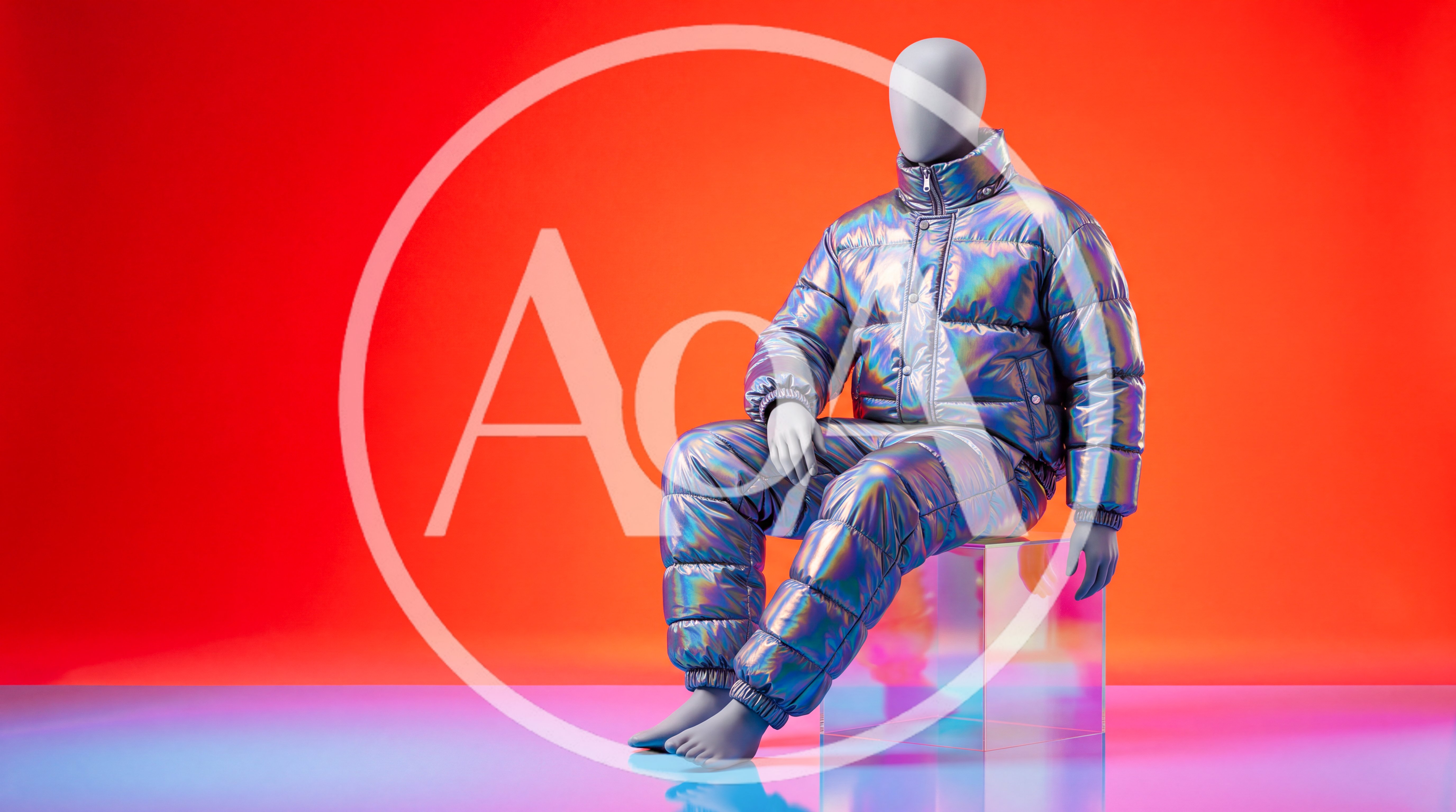 Mannequin Wearing Iridescent Puffer Suit On Acrylic Cube