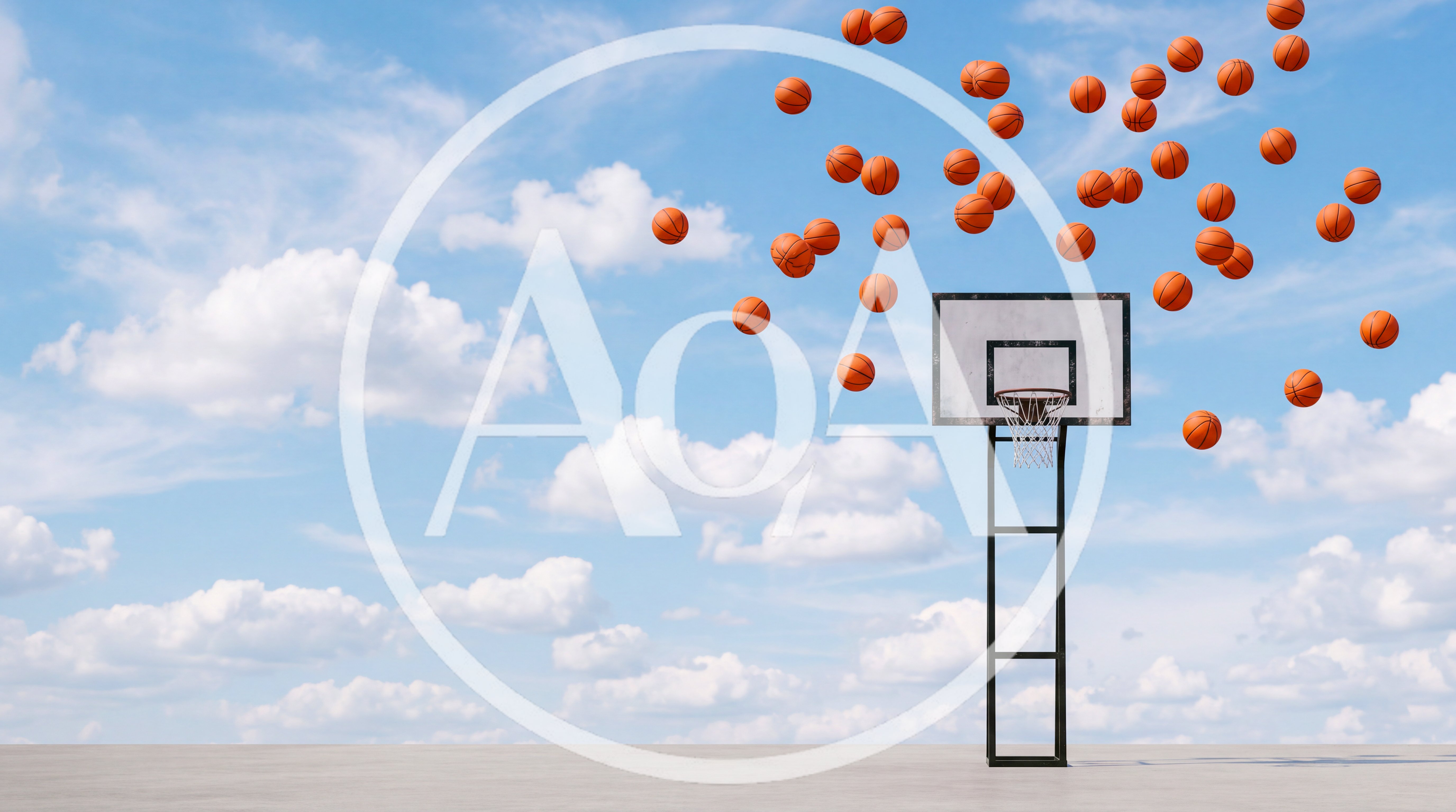 Multiple Basketballs Floating Above Outdoor Basketball Hoop