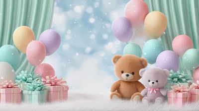 Cute Teddy Bears With Pastel Balloons And Gift Boxes