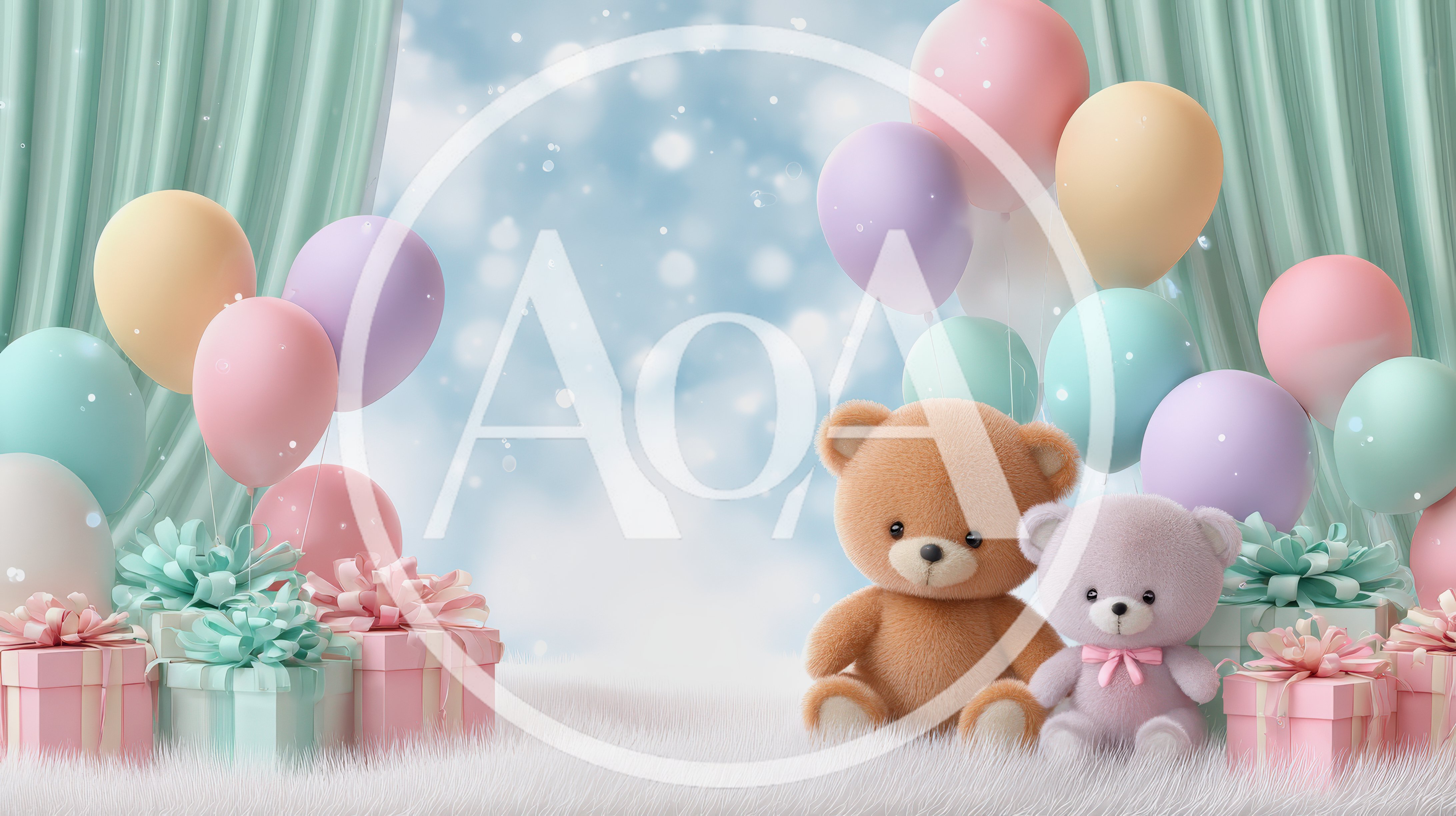 Cute Teddy Bears With Pastel Balloons And Gift Boxes
