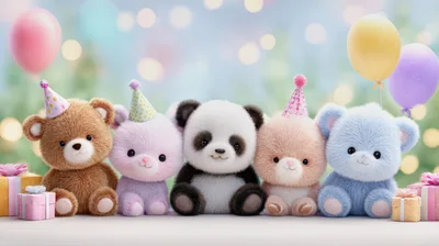 Cute Plush Toys Celebrating With Party Hats And Gifts