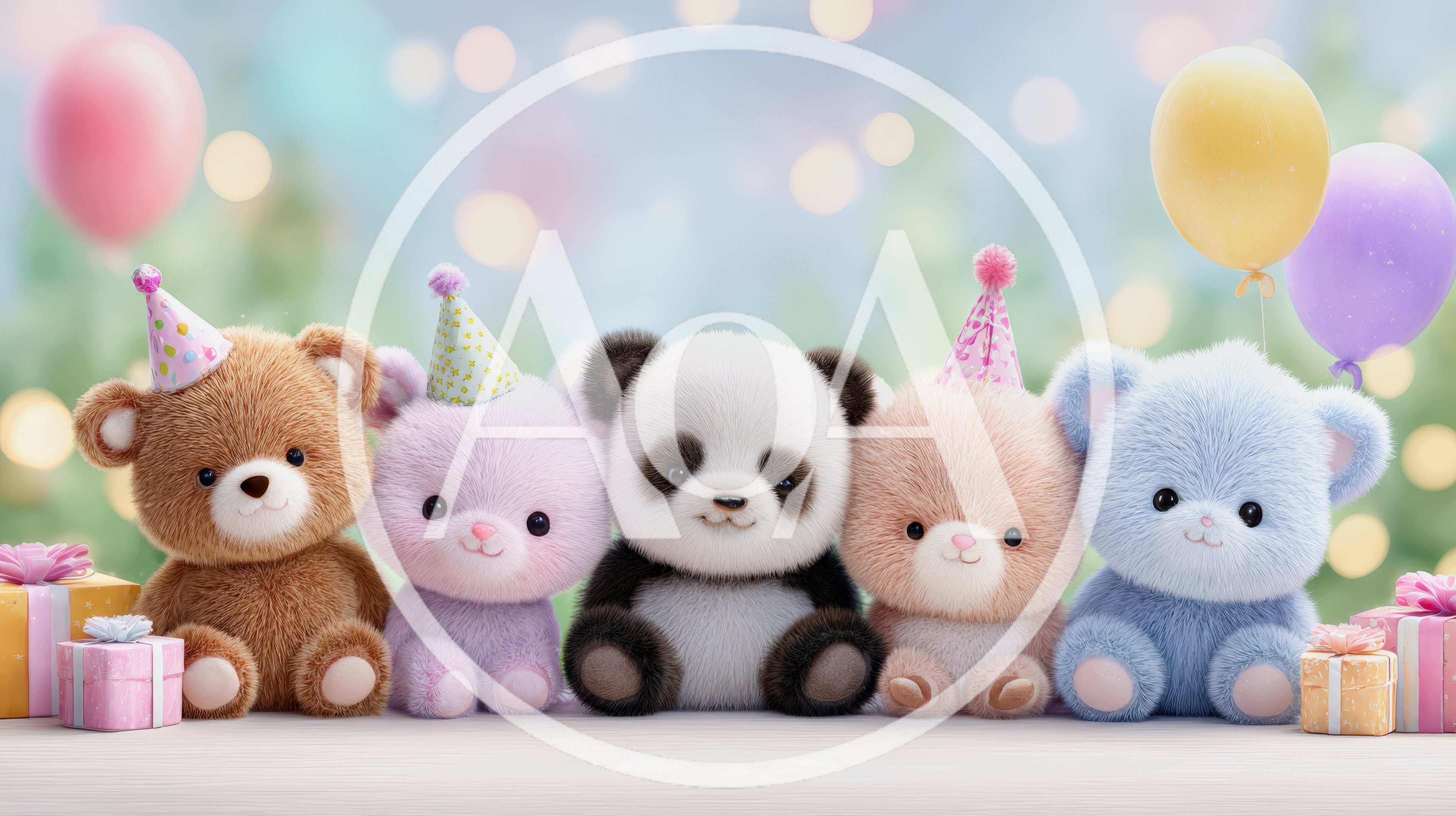 Cute Plush Toys Celebrating With Party Hats And Gifts