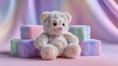 Fluffy Teddy Bear Sitting Among Pastel Plush Blocks