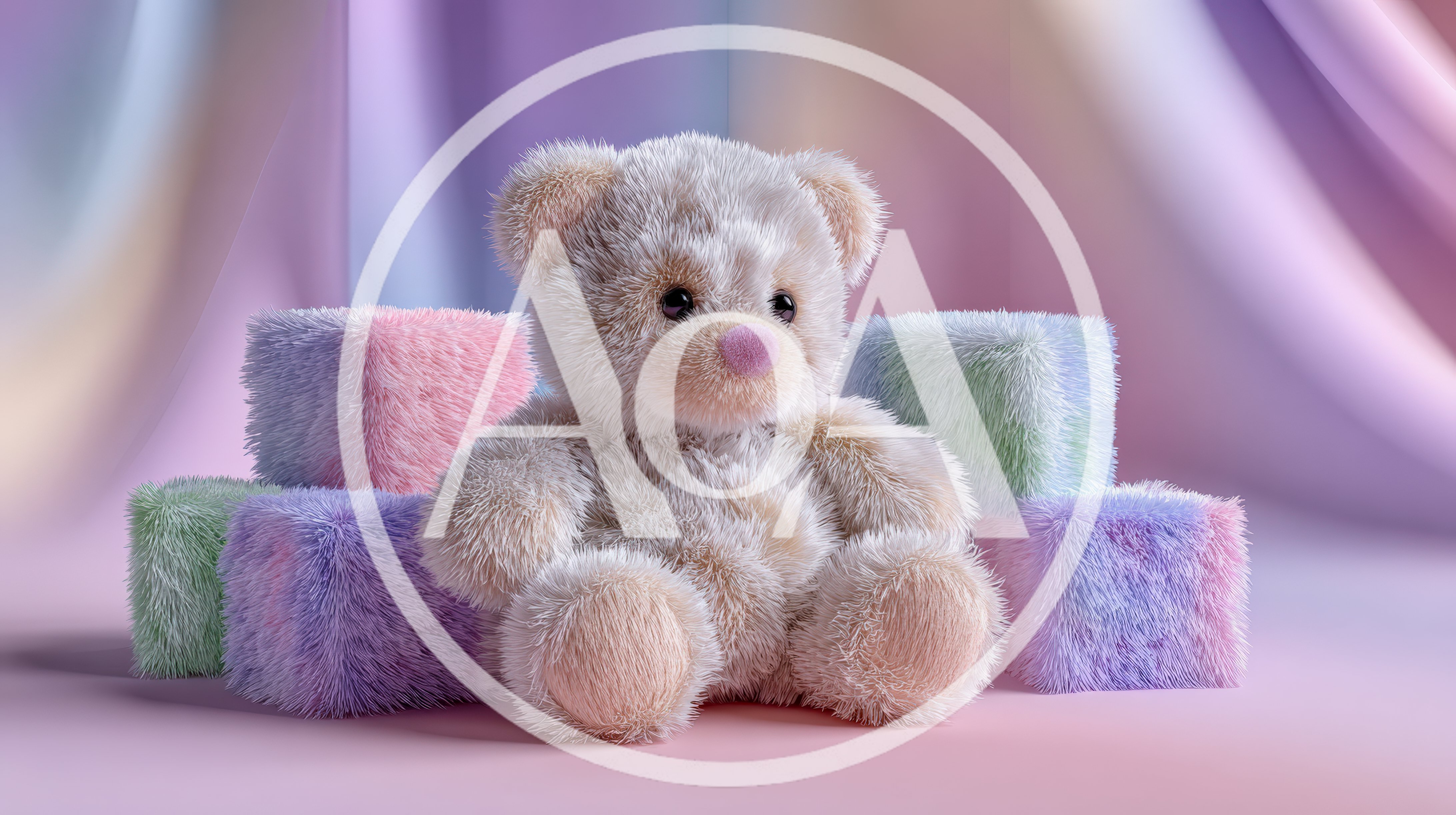 Fluffy Teddy Bear Sitting Among Pastel Plush Blocks