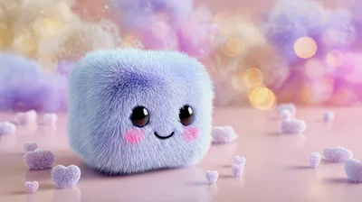 Cute Fluffy Blue Cube Character With Hearts