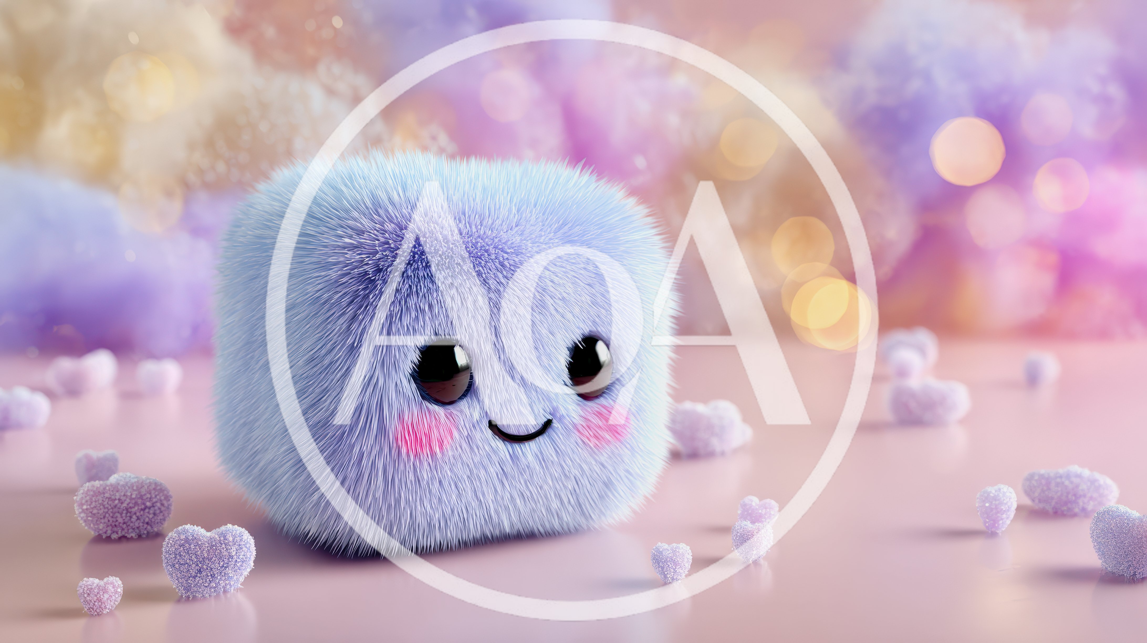 Cute Fluffy Blue Cube Character With Hearts