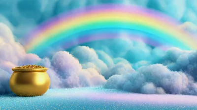 Golden Pot Of Gold With Rainbow And Clouds