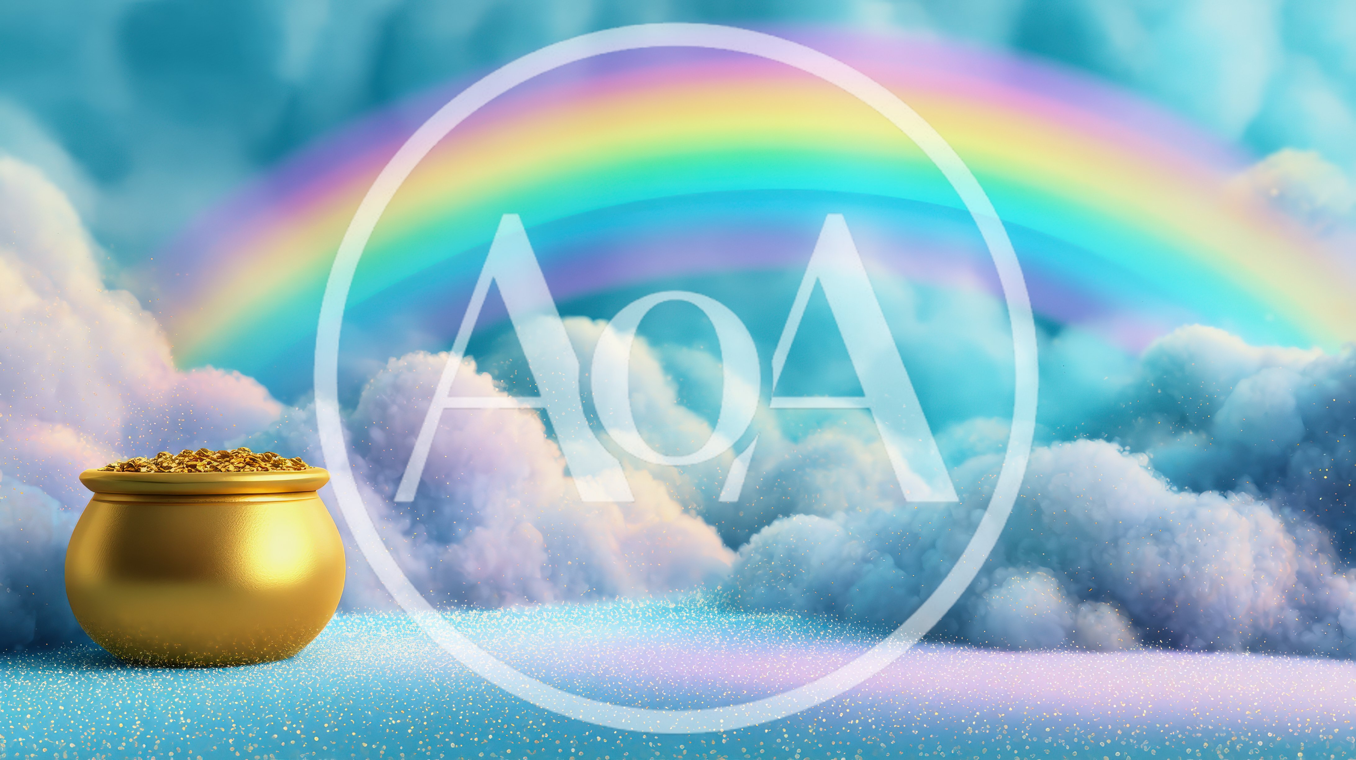 Golden Pot Of Gold With Rainbow And Clouds
