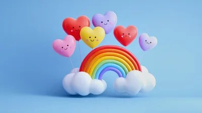 3D Rendered Heart Balloons With Rainbow And Clouds