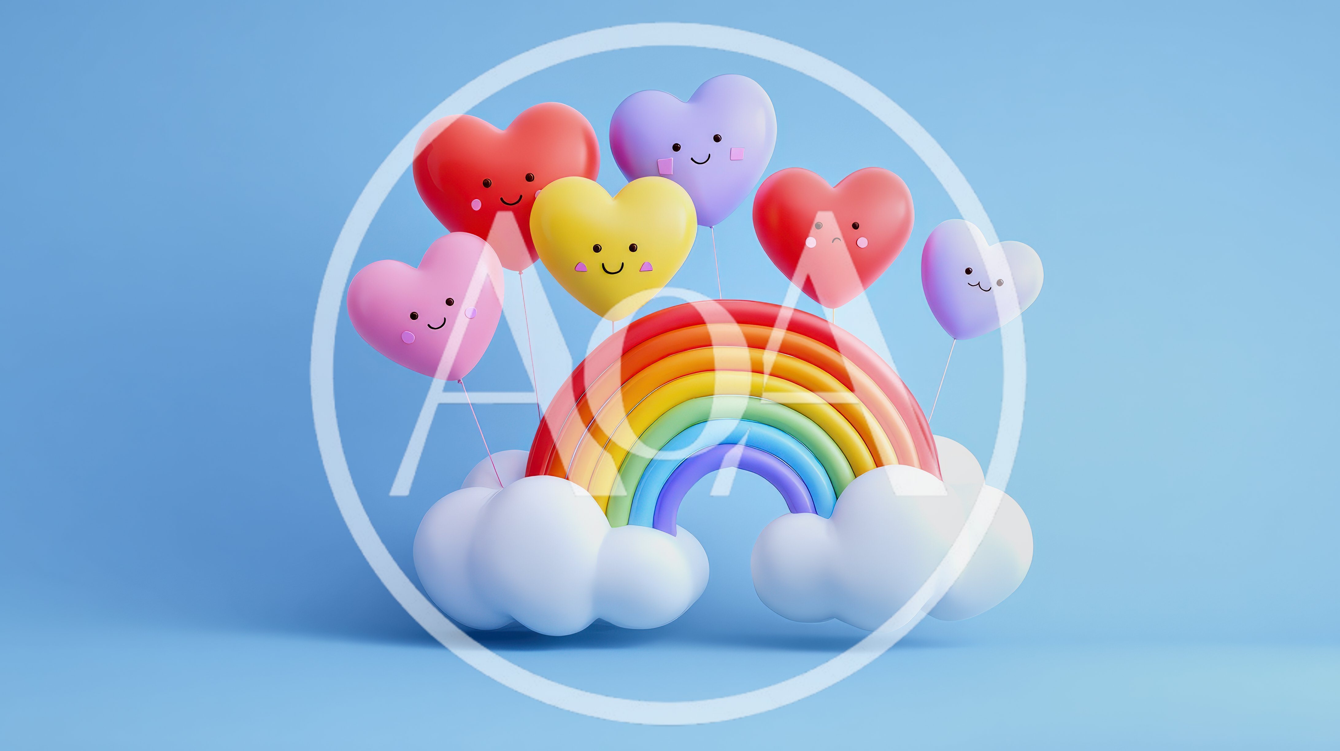 3D Rendered Heart Balloons With Rainbow And Clouds