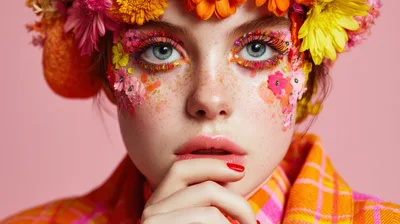Portrait Of A Young Woman With Floral Makeup