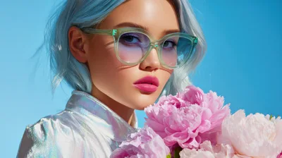 Fashion Portrait Of A Woman With Blue Hair And Peonies