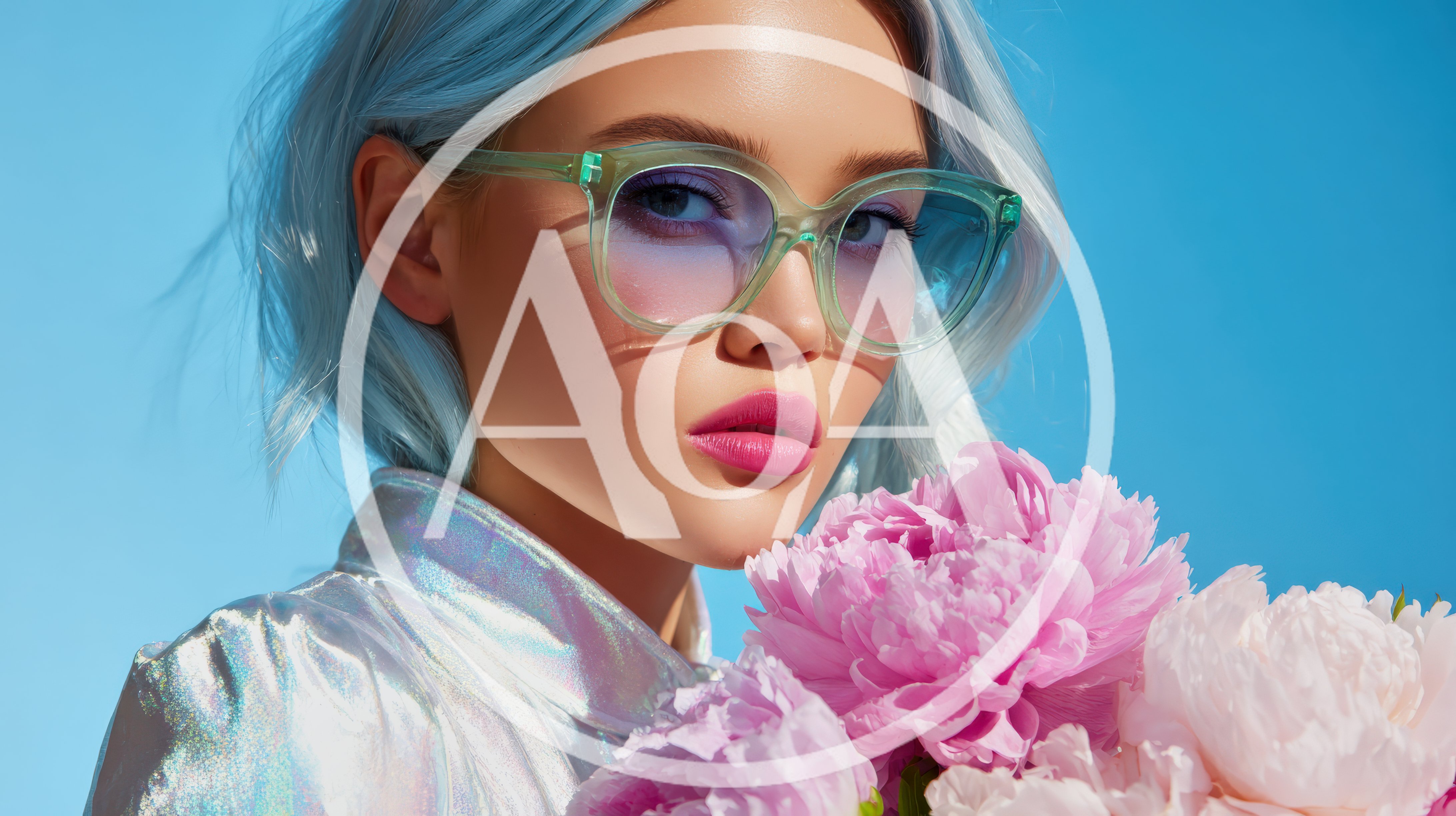 Fashion Portrait Of A Woman With Blue Hair And Peonies