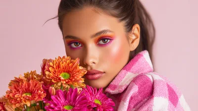 Portrait of a Young Woman Holding Vibrant Flowers
