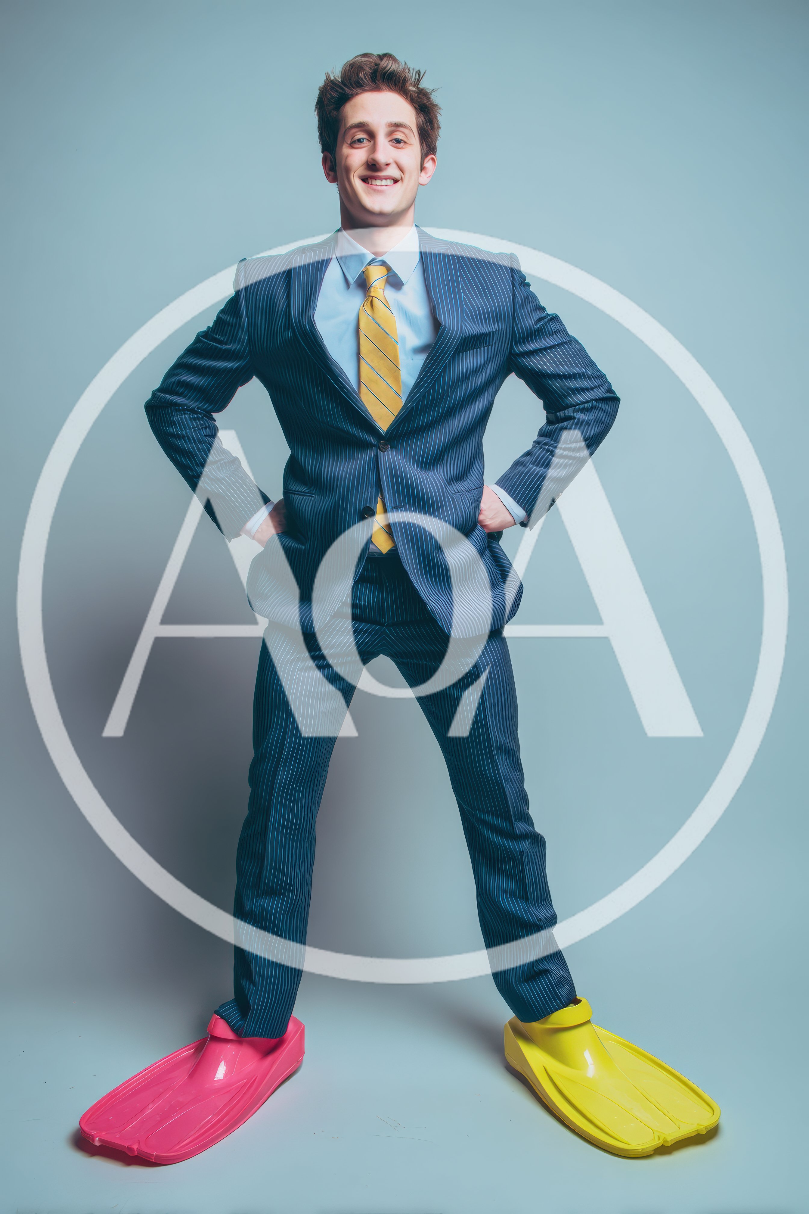 Man In Business Suit Wearing Colorful Swim Fins