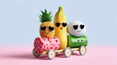 Cute Anthropomorphic Fruit Characters Riding A Wooden Cart