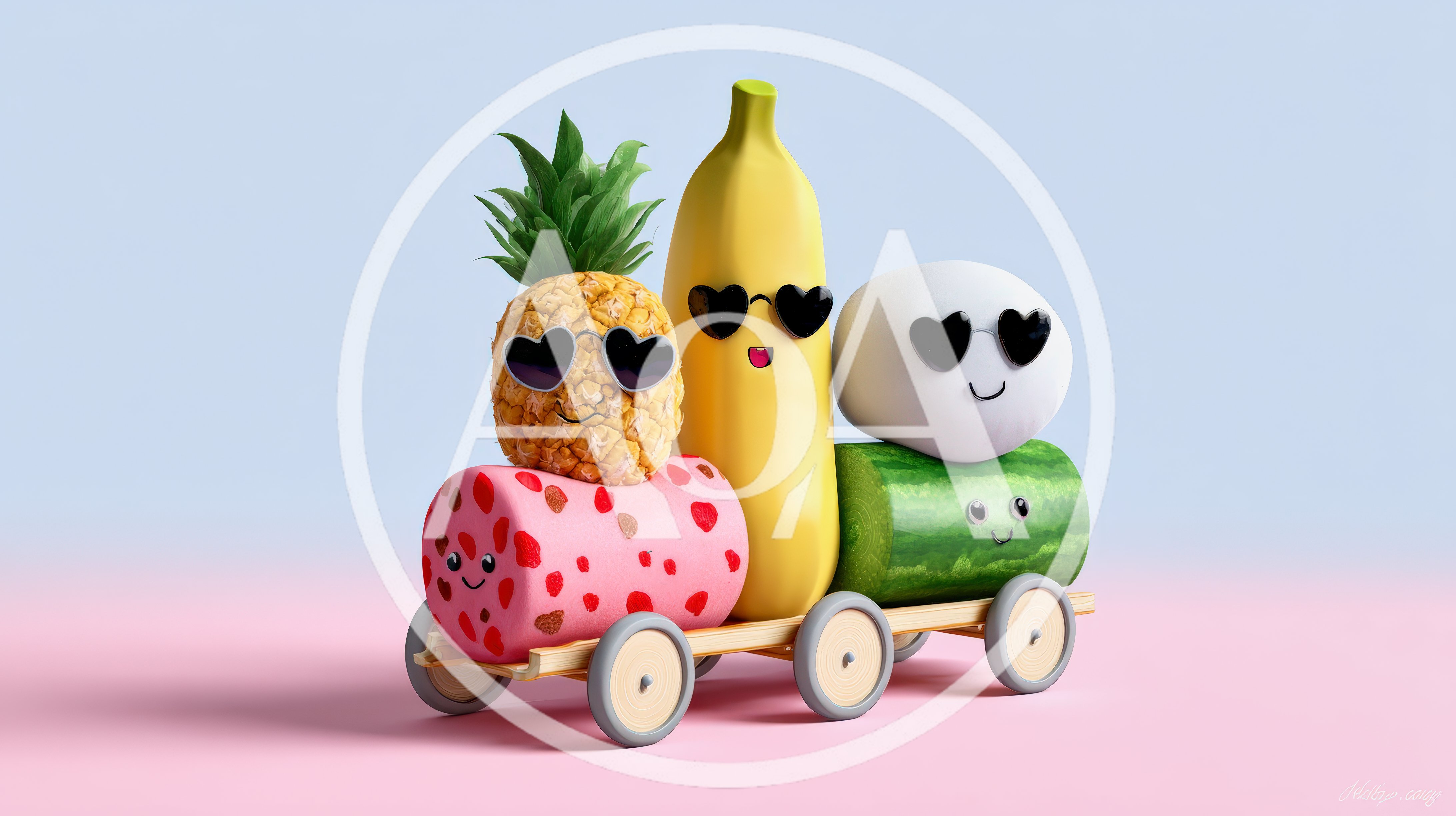 Cute Anthropomorphic Fruit Characters Riding A Wooden Cart