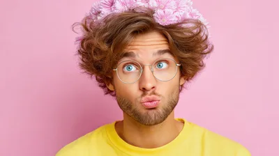Young Man With Flower Crown And Pouty Expression