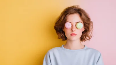 Young Woman With Lollipops Over Her Eyes