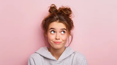 Young Woman With Messy Buns Looking Upwards