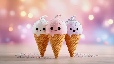Three Cute Kawaii Ice Cream Cones With Sprinkles