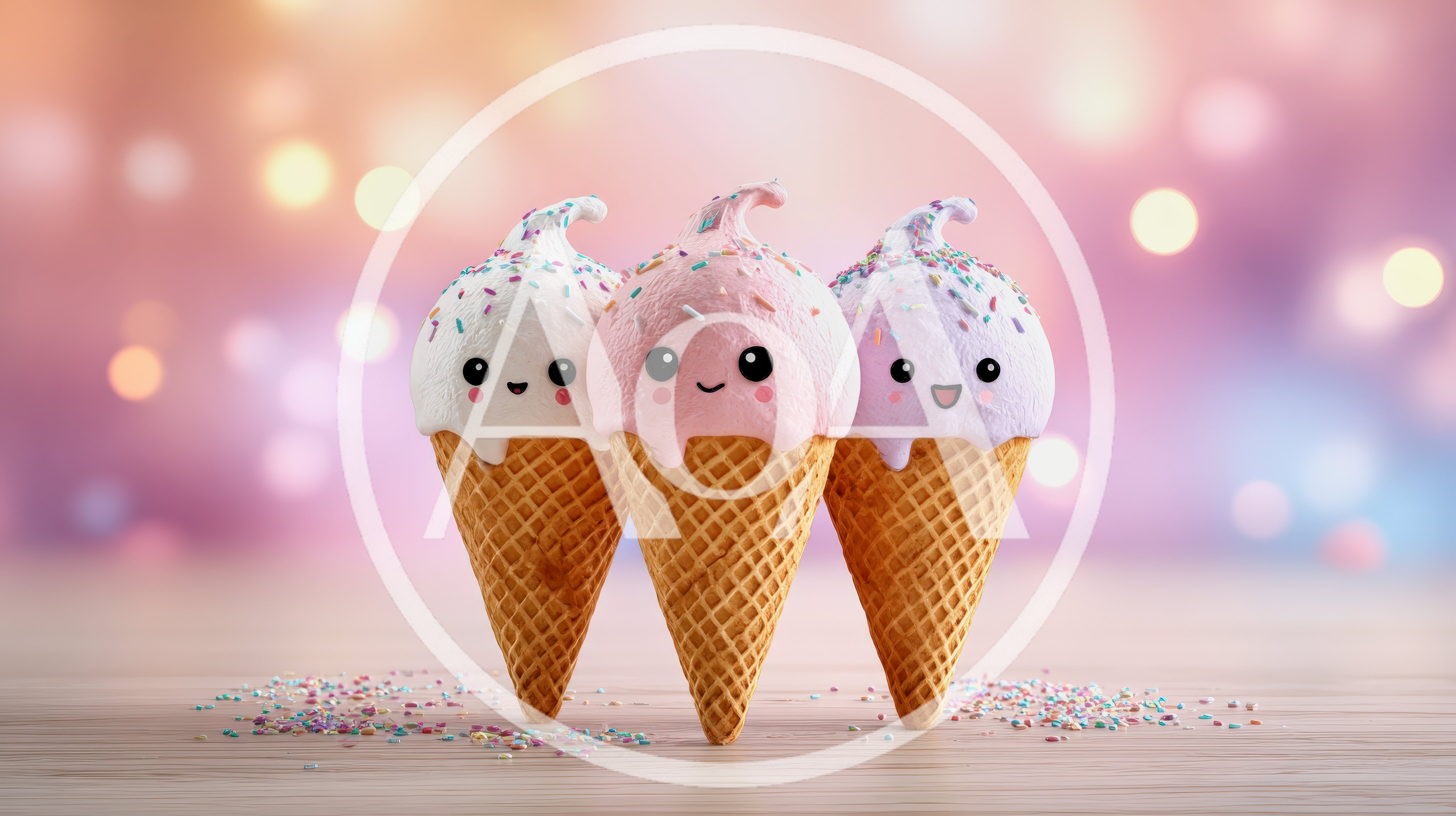 Three Cute Kawaii Ice Cream Cones With Sprinkles