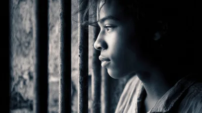 Young Person Looking Through Prison Bars