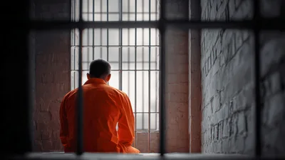 Prisoner In Orange Jumpsuit Sitting In Jail Cell