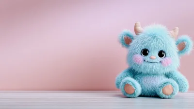 Cute Fluffy Blue Monster Toy Sitting On Wooden Surface