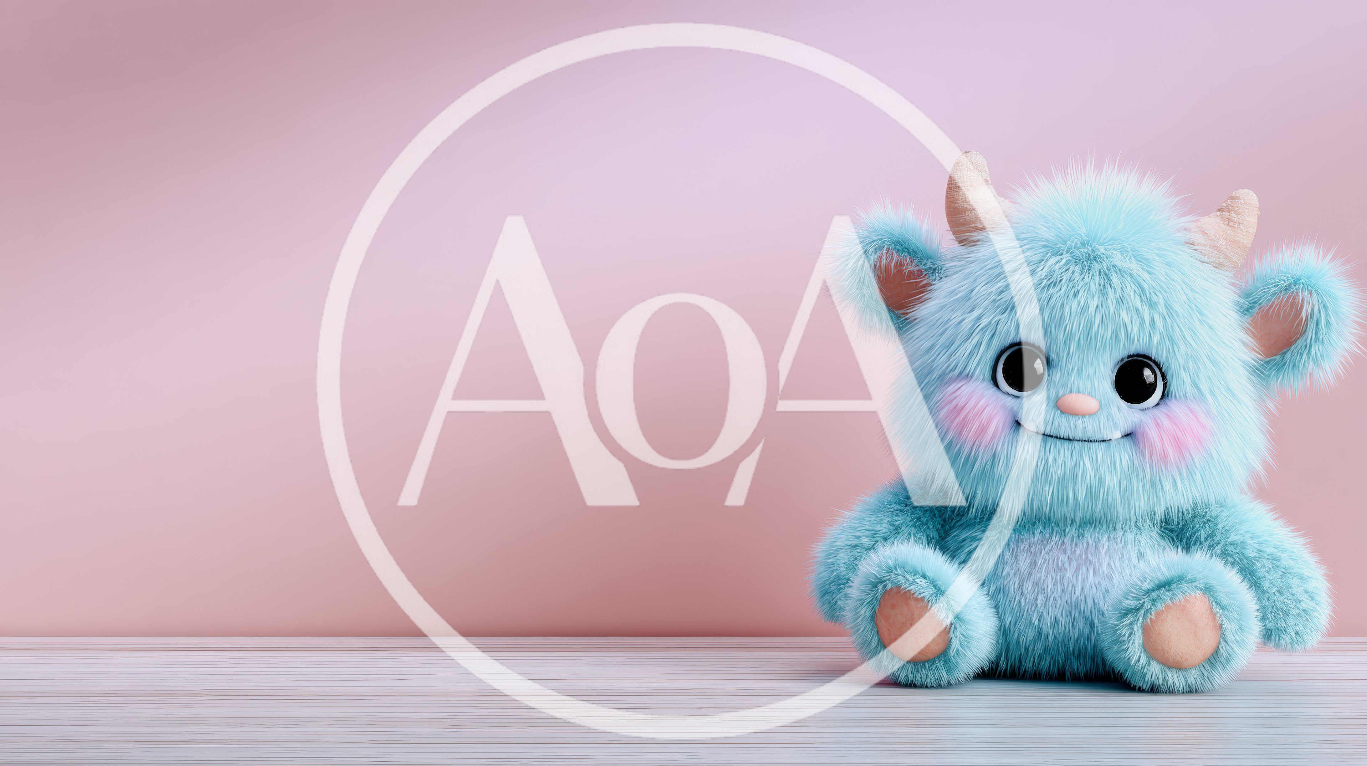 Cute Fluffy Blue Monster Toy Sitting On Wooden Surface