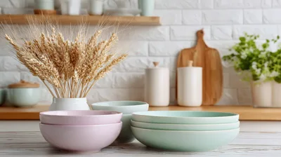 Pastel Ceramic Bowls Stacked on Kitchen Counter