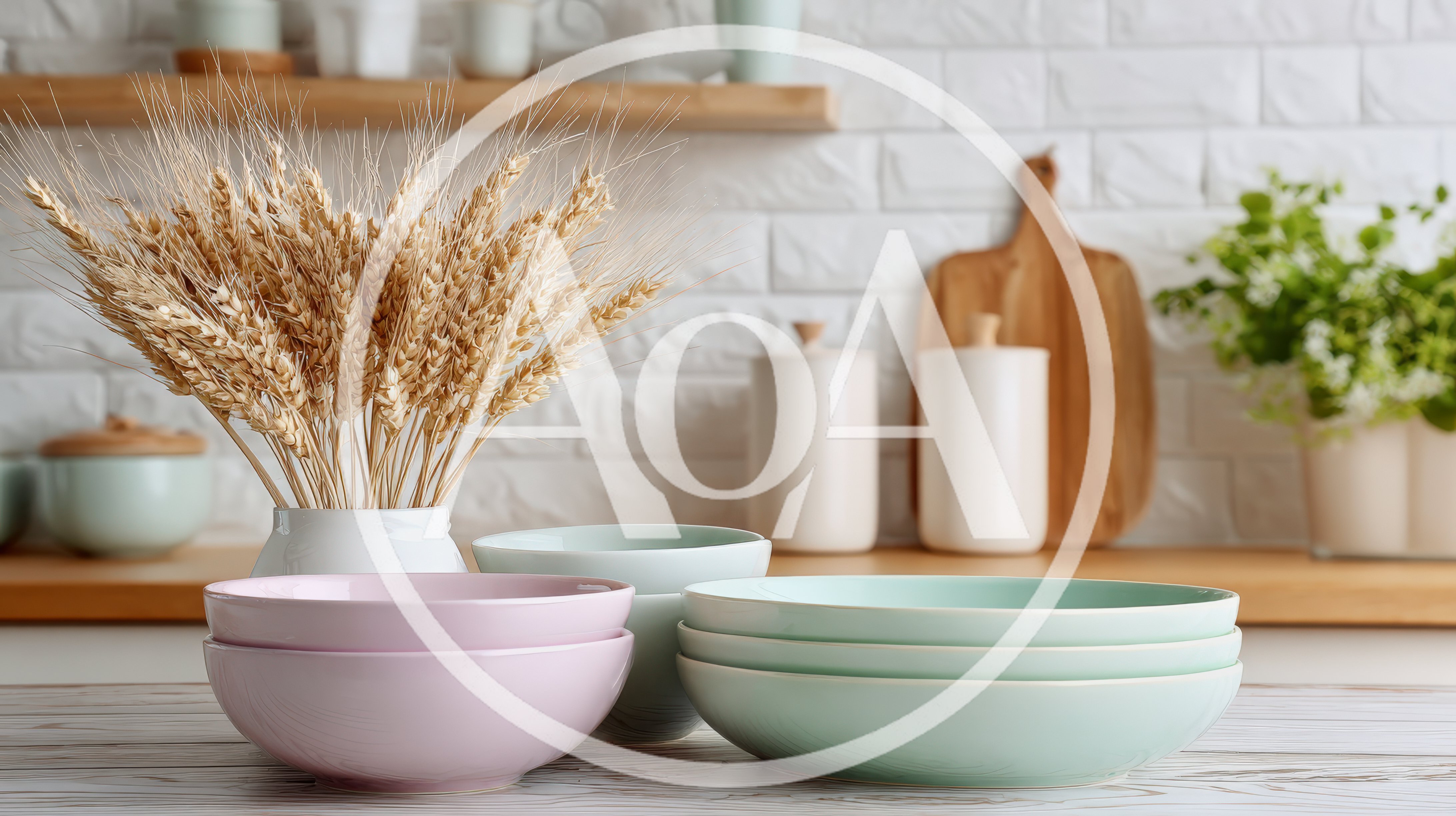 Pastel Ceramic Bowls Stacked on Kitchen Counter