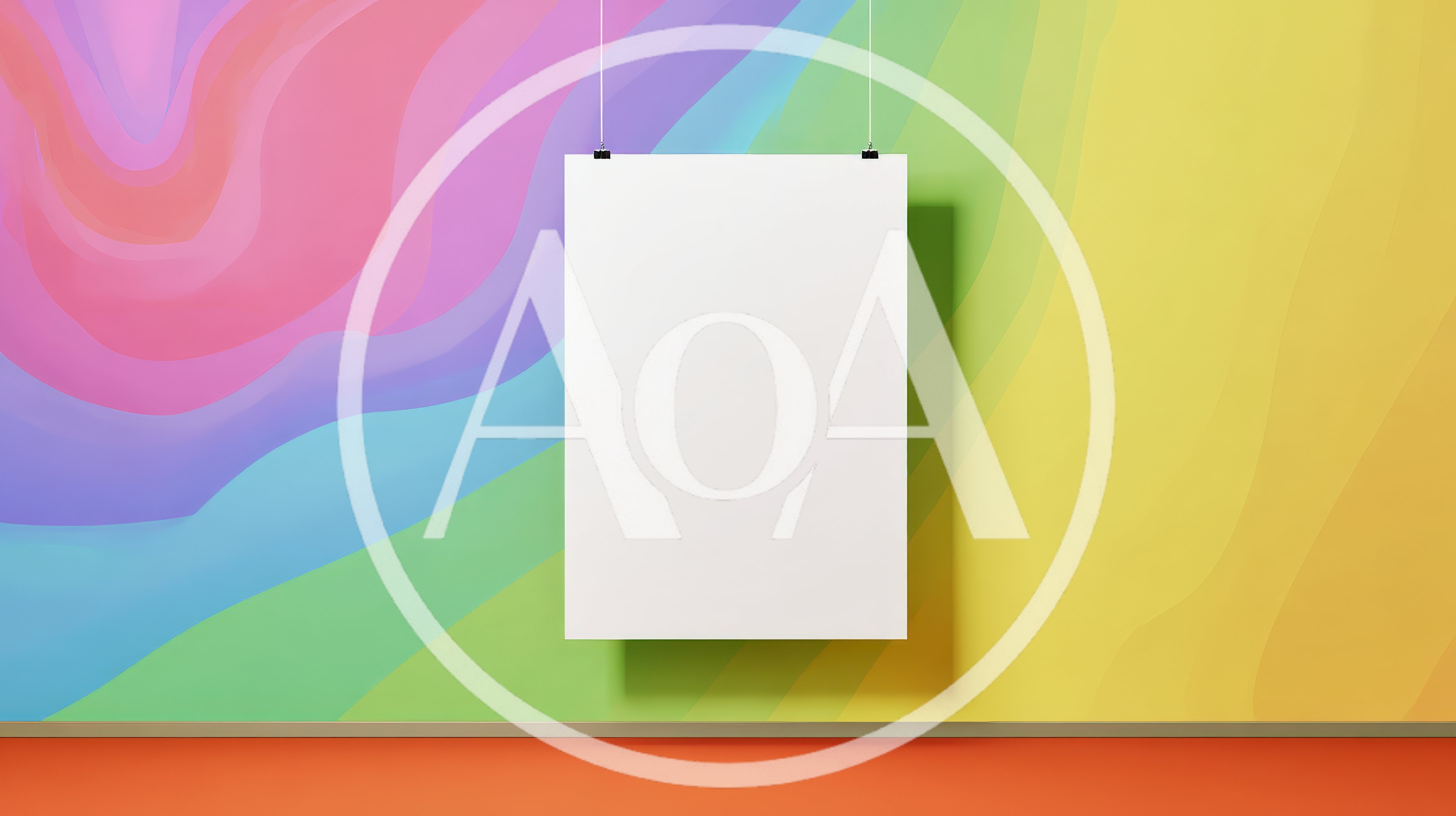 Blank White Poster Hanging Against Colorful Abstract Wall