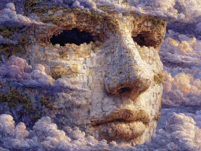 Surreal Stone Face Formed From Clouds And Architecture