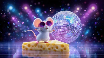 Cute White Mouse Dancing On A Wedge Of Cheese