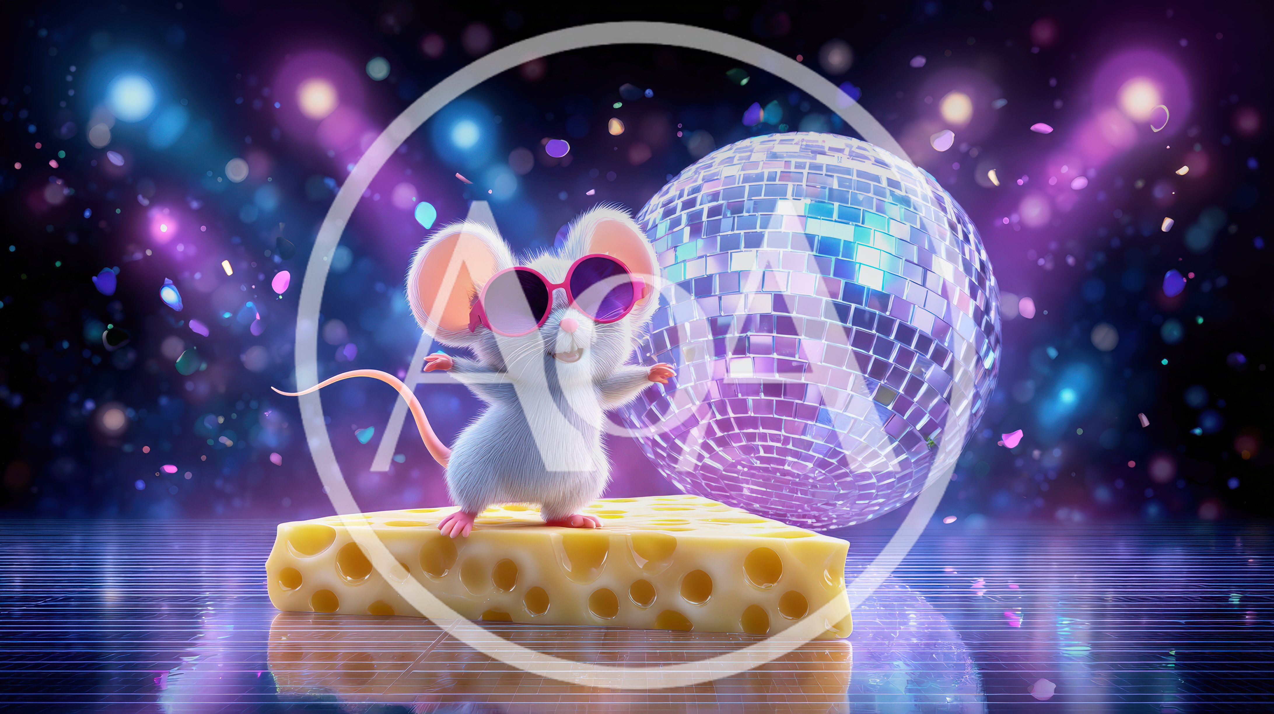 Cute White Mouse Dancing On A Wedge Of Cheese