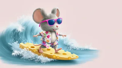 Cute Mouse Surfing On A Piece Of Cheese