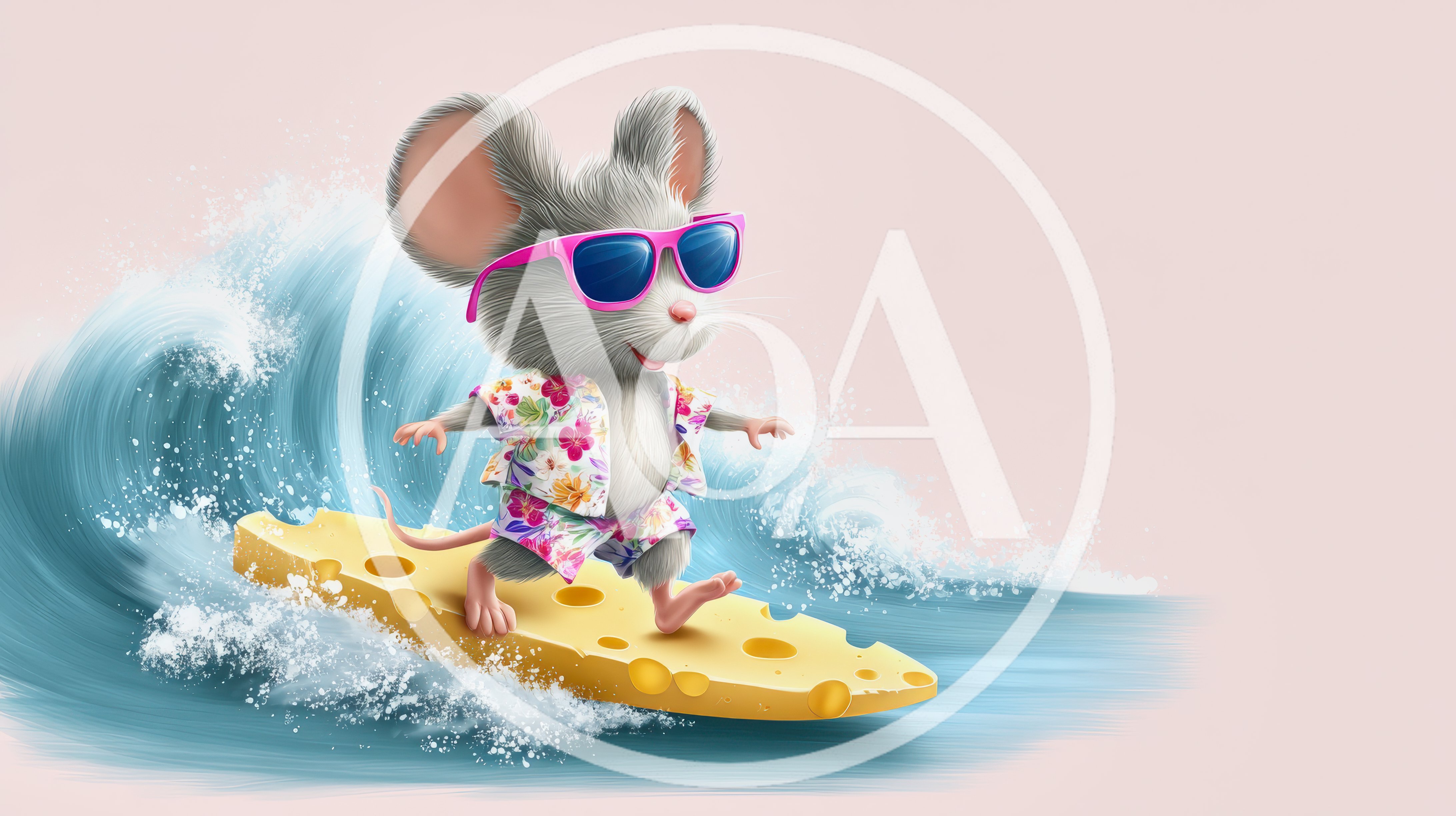 Cute Mouse Surfing On A Piece Of Cheese