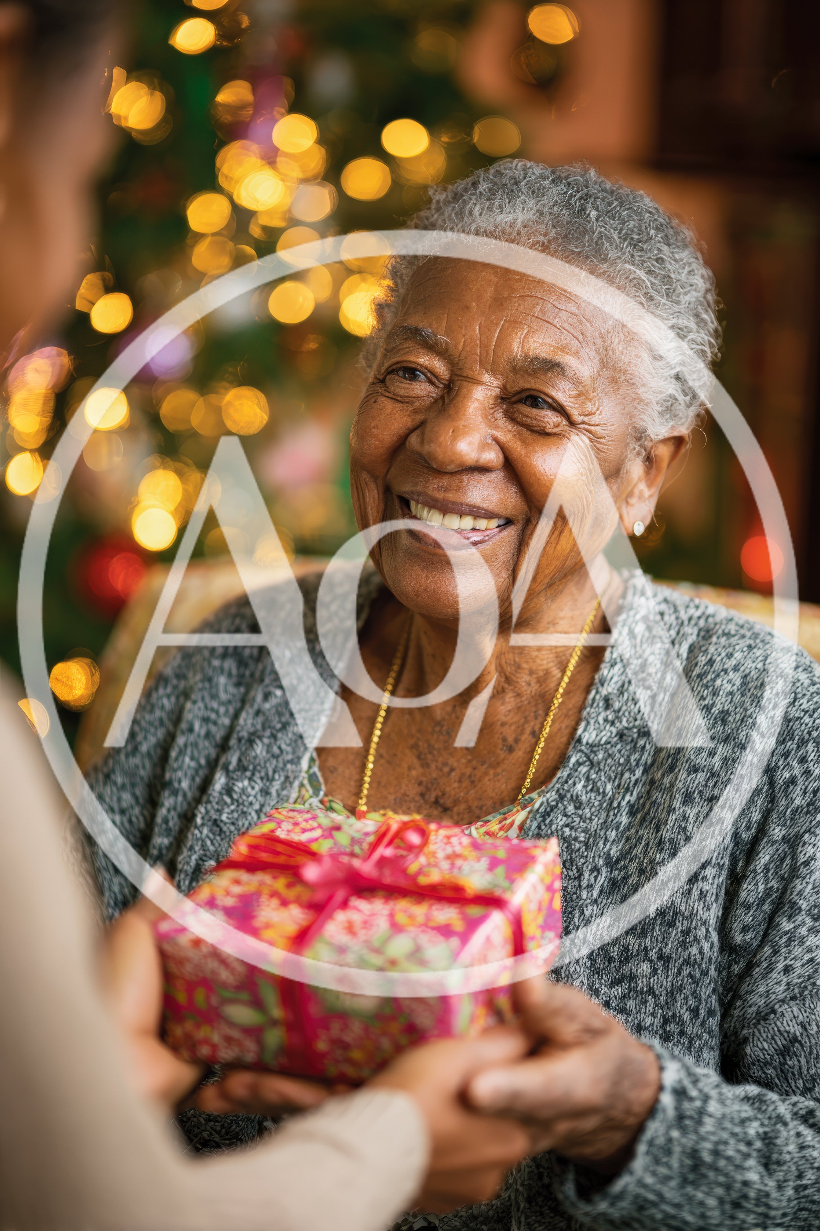 Elderly Woman Receiving A Christmas Gift From A Relative